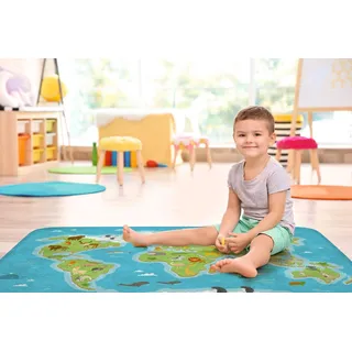 Achoka Softteppich für Kinderzimmer Weltkarte Tiere 100x150 cm - Grün