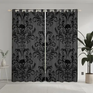Homewish Gothic Totenkopf Vorhänge 137x117(HxB) Schwarz Grau Damast Gardienen Gothic Vintage Blumen Exotische Schädel Bohemian Fenstervorhang Antikes Viktorianisches Barock Türvorhang 2 Paneele