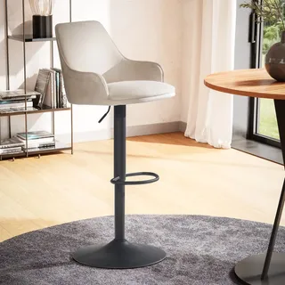 FineBuy Barhocker Samt Beige Hocker mit Lehne 86 106 cm Küchenhocker Höhenverstellbar Modern 100 kg Barstuhl Tresenhocker mit Metall-Trompetenfuß - Beige