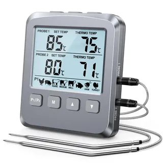 CIRYCASE Doppelsonden Fleischthermometer Digital, Grillthermometer Thermometer Kochen mit 8 Voreingestellte Temperaturen, LCD Bildschirm & Alarm, Bratenthermometer für Wohnmobil Küche, BBQ, Smoker
