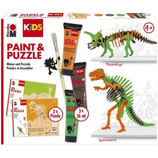 Marabu KiDS Little Artist, 3D Puzzle Set, Motiv Dinosaurier, Bastelset für Kinder ab 4 Jahren mit 2 x 3D Holzpuzzle, Pinsel, 3 x 36 ml Farbe, auswaschbar, vegan, Made in Germany, 0305000000110