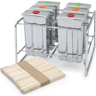 Eisformen aus Edelstahl wiederverwendbar inklusive 50 Holz Eisstiele - 6er Set - Popsicle Form mit Metall Ständer für Eis am Stiel - DIY Wassereis För - Silber
