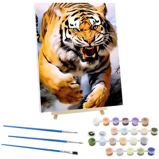 EOBROMD Malen nach Zahlen Erwachsene mit Rahmen, Malen nach Zahlen mit Faltenfreie Leinwand und Holzstaffelei, DIY Tiere Handgemalt Ölgemälde Kit für Anfänger Als Geschenk 30x40cm (Tiger)