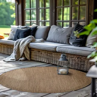 SIMPEX In- & Outdoor Teppich Wetterfest 200 cm Rund Einfarbig Braun - Waschbar, Wasserfest, Pflegeleicht und Flachgewebe - Ideal für Balkon, Garten, Terrasse und als Küchenteppich