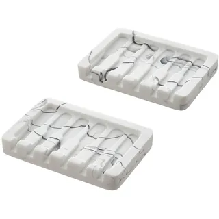 INIUNIK 2 Stück selbstentleerende Seifenschale, Marmor-Muster, Seifenhalter für Badezimmer, Schwammhalter, Seifenschale, Seifenbehälter, Seifenbox mit Abfluss für Dusche, Bad, Küche, Weiß