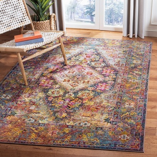 SAFAVIEH Boho Teppich für Wohnzimmer, Esszimmer, Schlafzimmer - Crystal Collection, Kurzer Flor, Marineblau und Hellblau, 91 X 152 cm