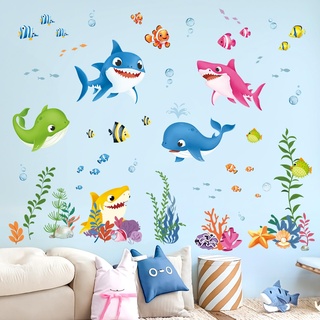 decalmile Wandtattoo Unter dem Meer Fisch Wandaufkleber Bunte Haie Meeresschildkröte Seetang Wandsticker Kinderzimmer Babyzimmer Badezimmer Wanddeko