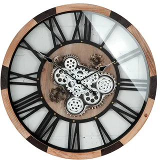 GILDE Wanduhr - rund aus Holz und Metall - Zahnrädermotiv - naturfarben und schwarz - Ø 68cm x Tiefe 8cm - Batterien in der Lieferung Nicht enthalten