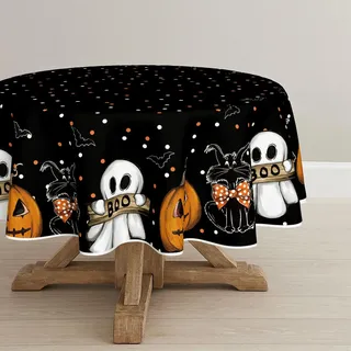 Artoid Mode Tupfen Jack-o'-Lantern Geist Katzene Halloween Tischdecke Rund 140 cm, Saisonnal Boo Fleckschutz Tischwäsche Küche Dekoration Urlaub Dekor