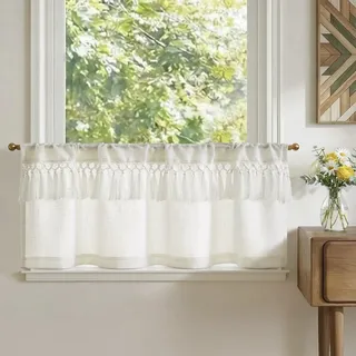 TOPICK Scheibengardinen Küche Beige Spitzenborte Leinen Bistrogardine mit Tunnelzug Volant für Wohnwagen kinderzimmer Landhausstil Shabby Chic Gardinen Kurz Lichtdurchlässig 1er Set 90Bx45H cm Weiß