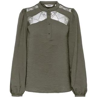 Langarmbluse ONLY "ONLYOHANNA LIFE FR L/S LACE TOP WVN CS", Damen, Gr. M, grün (kalamata), Web, Obermaterial: 100% Polyester, unifarben, regular fit, Blusen Langarmbluse