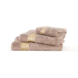 Arle-Living Luxus Medusa Duschtuch 70x140 cm - Beige - feinste Baumwolle/Hochflor Frottee mit Medusa Flachprägung und Goldener Medusa Bordüre (Sahara/Beige/hell Braun, Duschtuch 70x140 cm)