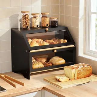 Pamapic Brotkasten Bambus, Brotkorb mit Schneidebrett, 2 Etagen Brotbox mit Brotzange, Brotaufbewahrung mit Sichtfenster, Teilweise Vorinstalliert, 39x25x32cm, Schwarz