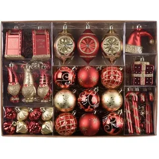 Unyqoos® 100er Set Weihnachtskugeln Rot & Gold – bruchsichere Kunststoffkugeln, 4 Oberflächen (glänzend, matt, glitzernd, meliert), mit vorgebundenen Aufhängern - Rot