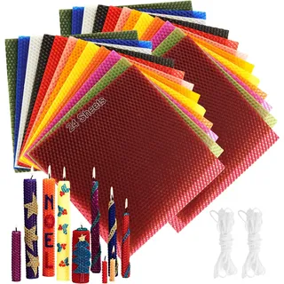 ASelected 24 Stück Bienenwachs-Bienenwachsplatten für Kerzen, 20x20 cm Wachsplatten für Kerzen Set, Kerzenherstellung Bastelset, inkl. 3m Docht, Ideales DIY Geschenk für Eltern und Kinder