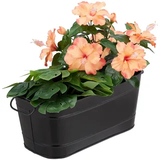 Relaxdays Blumenkasten, für Garten, Balkon, Fensterbank, zum Bepflanzen, Vintage-Optik, Metall, HBT 16x38x19 cm, schwarz