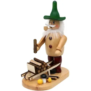 Holz Räuchermann/Räuchermännchen - Waldmann/Wichtel mit Schubkarre und Holzschleiten - natur - L/B/H: 16,5 x 9 x 19 cm.