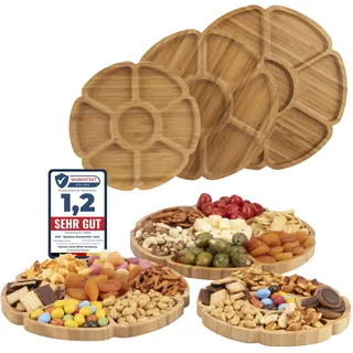 Soz ® – Bambusteller 3er Set rund – 1,5 cm tief - nachhaltige Snackteller mit Fächern – Deko-Holz-Tablett – Servier-Platte – Portions-Vorspeisenteller (rund)