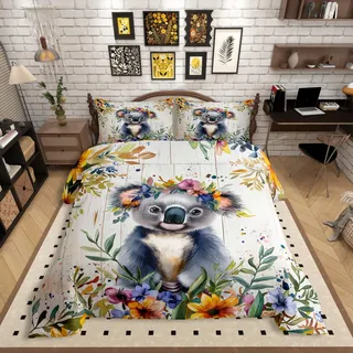 Homewish Koala Bettwäsche 135x200 Kinder, Cartoon Waldtiere Bettbezug Niedlich für Mädchen Jungen, Botanische Blume Pflanze Bett Set, mit 1 Kissenbezug Schlafzimmer, Weiche Mikrofaser