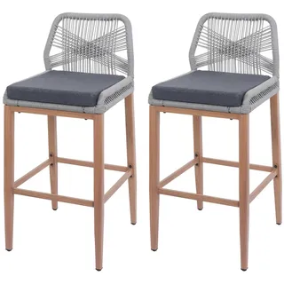 Mendler 2er-Set Rope-Barhocker HWC-O21, Outdoor Sitzpolster Seilgeflecht Metall Holz-Optik ~ hellgrau, Kissen dunkelgrau