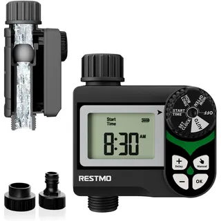 RESTMO Bewässerungscomputer mit druckverlustfreiem Kugelhahn (0-120 PSI), Intervall-Programm (2 Modi) & Regenverzögerung (24-72 h) – Gartenbewässerungssystem für Regentonnen, Hochbeete, Rasen