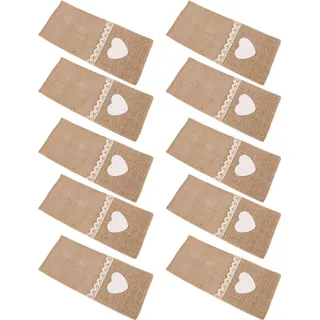 10pcs Jute Spitze Bastlerhalter Sackleinenmesser -Gabel -Taschenbeutel für Hochzeits Weihnachtsfeier Dekorationsknutly Originalfarbe mit Herzform