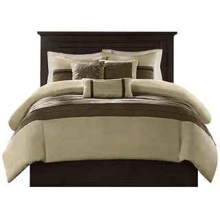 Madison Park, Palmer Bettdecken-Set, Kunst-Wildleder, Streifenakzente, ganzjährig, Daunenalternative, Kissenbezüge, Zierkissen, Bettvolant, Queen (229x229 cm), Natur, 7-teilig