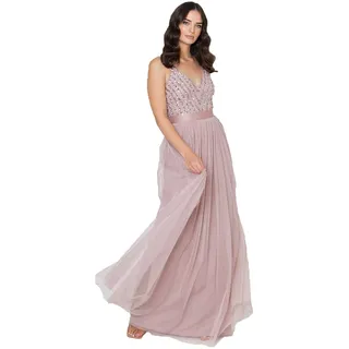 Maya Deluxe Damen Maya Deluxe Maxi Evening Dress Women's Elegant for Wedding With V-neck Tulle Dress Women's With Bow Brautjungfernkleid, Frosted Pink, 34 EU