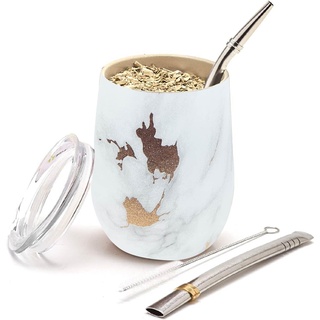 balibetov - Neu - Modernes Yerba Mate Gourd Set (Mate Tasse) - Doppelwandiger 18/8 Edelstahl Enthält zwei Bombillas und eine Reinigungsbürste (GOLD MARMOR, 355 ml)