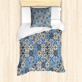 ABAKUHAUS marokkanisch Mantele, Portugiesisch Traditionelle, Milbensicher Allergiker geeignet mit Kissenbezügen, 135 cm x 200 cm - 80 x 80 cm, Blau, Weiß, Hellbraun - Blau