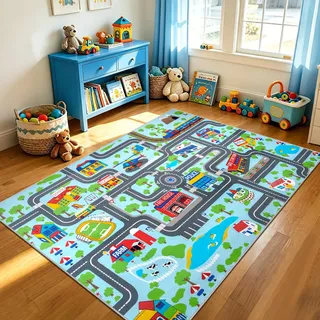 Capslpad Kinder Teppiche Spielteppich für Kinder Stadt 150x200cm rutschfest Kinderteppich Spielmatte Maschinenwaschbar Kurzflor Pädagogischer Spielteppich für Kinderzimmer Spielzimmer Dekor, Hellblau