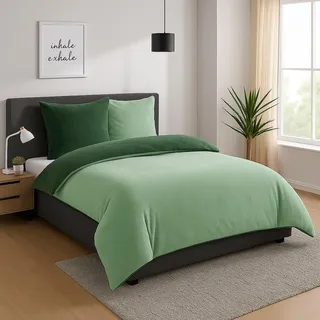 Heimtexland Teddy Flanell Wende Bettwäsche Set I Winter Bettbezug I kuschelig weich und warm I 2 Kopfkissen 80x80 I Bettdecke 200x200 I Cashmere Touch Geschenkidee Weihnachten Typ751 Salbei - dunkelgrün