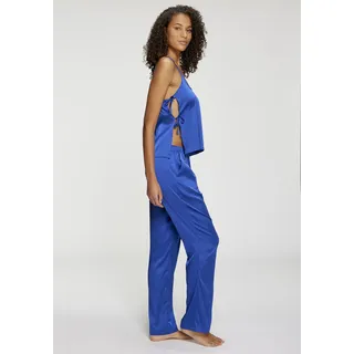 Pyjama LASCANA, Damen, Gr. 40, blau, Satin, Obermaterial: 96% Polyester, 4% Elasthan, gerade hüftlang, tiefer V-Ausschnitt, Homewear-Sets Pyjama, mit seitlichen Bändern zum Verschließen