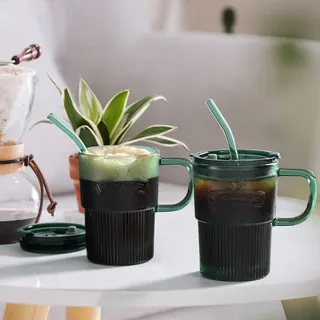 450ml Set von 2 Grünen Gläsern mit Deckel - Griff für Eiskaffee Milkshakes - Spülmaschinenfest - Bier, Säfte, Smoothies - Grün