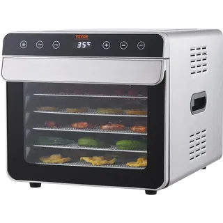 VEVOR 700 W Dörrautomat Edelstahl, 300 x 280 mm 6 Stk. Tabletts 360° Trocken, Dörrgerät, 35-85°C Temperaturregelung, 0,5 bis 48-Stunden-Timer, Überhitzungsschutz, Rezeptheft für Fleisch Obst Gemüse