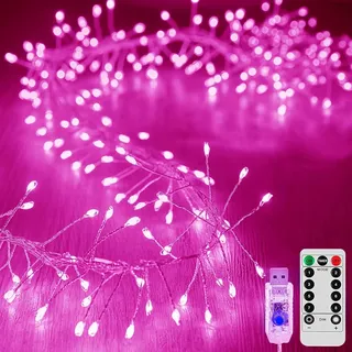SUAVER 200LED Feuerwerk Lichterkette, USB Feuerwerkskörper Stern Cluster Lichter mit Timer Fernbedienung Feuerwerk Licht Außen Weihnachtsbeleuchtung LED Baum Licht Hochzeit Deko(Rosa, 6m 200LED)