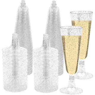 YWKJDDM 25 Stück SektgläSer Plastik, 150ML Durchsichtige SektgläSer Kunststoff Sektglas ChampagnergläSer, Sektkelche WeingläSer für Sektempfang Party Hochzeit Geburtstag Picknick (Silberpulver)