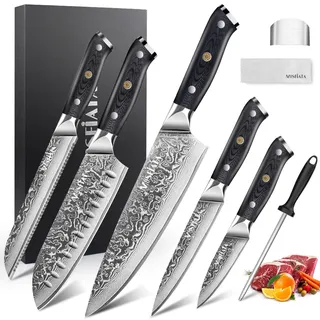 MOSFiATA Damastmesser-Set 5-teilig Damast Küchenmesser Set mit Wetzstahl | Messerset Professionelles Ultrascharfes Kochmesser-Set aus 67 Schichten Damaststahl mit G10 Fiberglasgriff