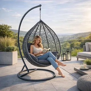 Polyrattan Hängesessel Hängekorb mit Gestell Rattan Hängestuhl Sessel Anthrazit - Grau