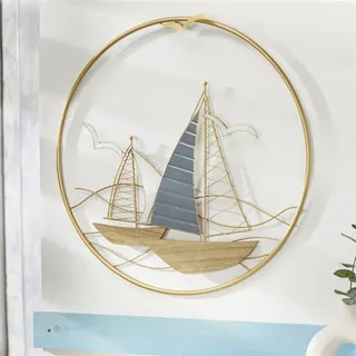 3D Wandbild "Regatta" aus Metall in gold, 2 Segelboote in rundem Rahmen, Wanddeko - Gold