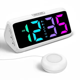 Wecker Laut für Tiefschläfer, Lauter Wecker mit Vibration, Doppelalarm, RGB-Anzeige, 5 Helligkeitsstufen, 4 Lautstärken, Snooze, Vibrationswecker für ältere Menschen Teenager Gehörlose Hörgeschädigte