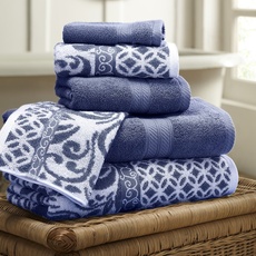 Modern Threads Trefoil Filigranes 6-teiliges wendbares garngefärbtes Jacquard-Handtuch-Set – Badetücher, Handtücher und Waschlappen – super saugfähig und schnell trocknend – 100 % gekämmte Baumwolle