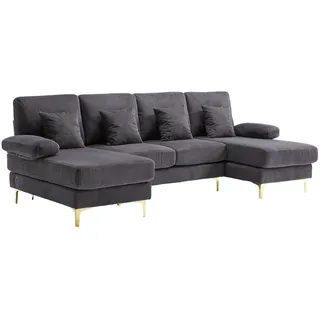 Redom U-Form Wohnlandschaft Samt mit LED und USB-Anschluss 265/135/88 cm Grau , Textil , 135x88x265 cm , Wohnzimmer, Sofas & Couches, Wohnlandschaften, Wohnlandschaften in U-Form
