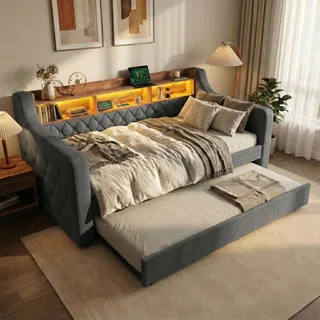 LVHOM Tagesbett ausziehbar 90x190cm mit Stauraum, USB und LED, Schlafsofa mit Ausziehbett, Samt Daybed mit Lattenrost, Daybett mit Knopfheftung, Grau - Grau