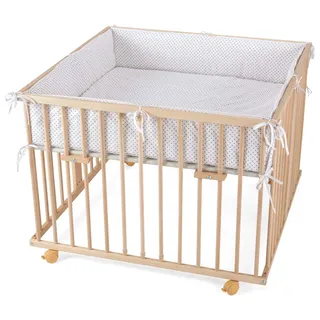Waldin Laufstall Baby Buchenholz Massiv Höhenverstellbar 100x100 cm | Zertifiziert nach EN 12227 mit 4 Rollen mit Bremse 3 Herausnehmbare Sprossen Holz Natur oder Weiß Lackiert