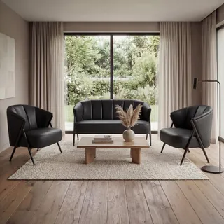 Wohnzimmer-Set HWC-P30, 2er-Sofa 2x Sessel, Vintage Retro Industrial Metall Kunstleder schwarz - Schwarz