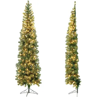 COSTWAY 210cm LED Weihnachtsbaum, platzsparender Christbaum mit 450 Zweigspitzen, 150 LED & Metallständer, schlanker Tannenbaum Kunstbaum für Innen - Grün