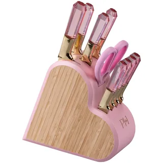 Paris Hilton Messerblock-Set – 10-teiliges Küchenmesser-Set in Herzform mit goldenen Klingen und Diamantgriffen – Reinigung per Hand