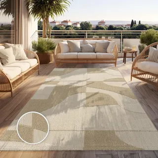 Outdoor Teppich Wetterfest Balkon Wohnzimmer Boho Geometrisch Beige Creme Grösse 120x160 cm - Creme