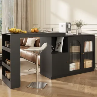Sweiko Um 360° drehbarer Bartisch (Hauptkörper 120 x 40 x 97 cm), moderner und einfacher schwarzer rotierender Ess- und Barschrank, multifunktionaler Aufbewahrungsschrank mit Glastür